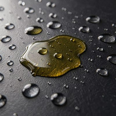 oil and water beading on a dark surface