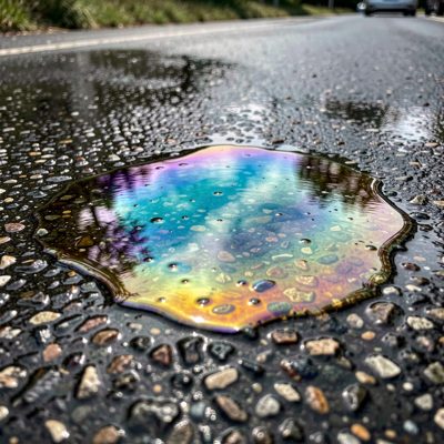 iridescent oil film on wet tarmac