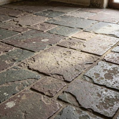 a stone floor with worn irregular slabs