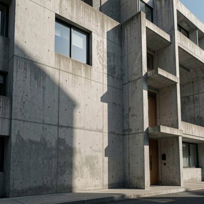 a concrete brutalist facade with strong shadows
