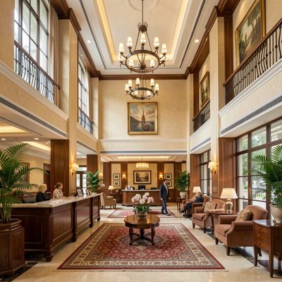a hotel lobby with a double height ceiling
