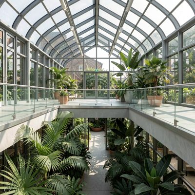 a glass atrium with plants and a walkway above