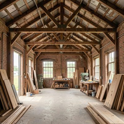 a converted warehouse with timber roof trusses
