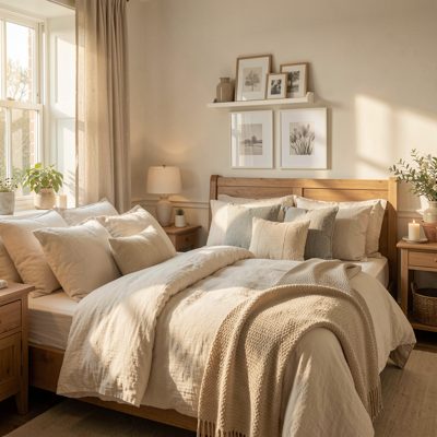 a bedroom with linen bedding and morning light