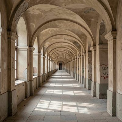 a corridor with repeating arches receding into distance