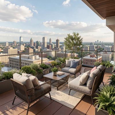 a rooftop terrace with seating and city views