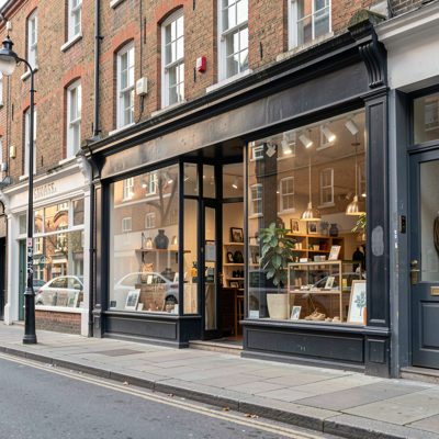 a shopfront with large windows on a quiet street