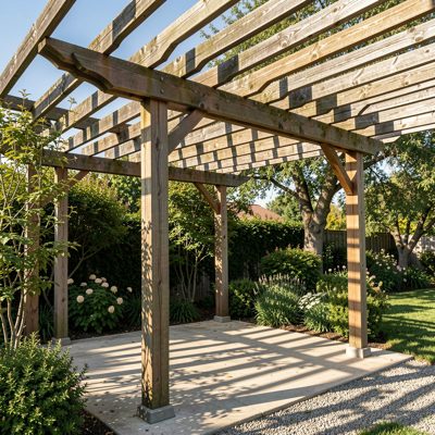 a wooden pergola casting striped shadows