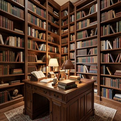 a study lined with floor to ceiling bookshelves
