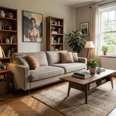 a mid century living room with a low sofa