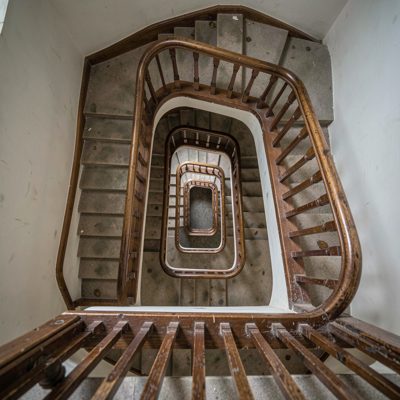 a stairwell photographed looking straight down