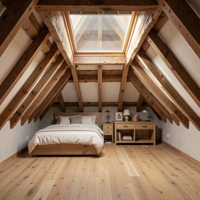 an attic room with a skylight and roof beams