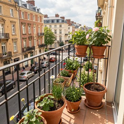 a balcony with potted plants overlooking a street