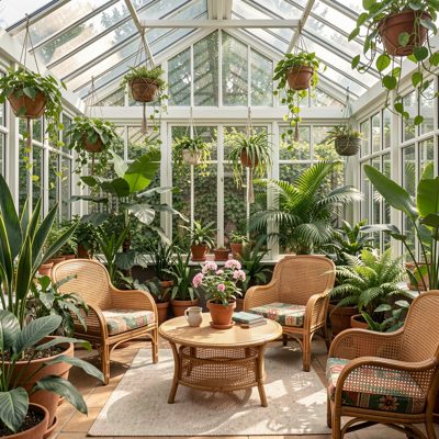 a conservatory filled with plants and cane furniture