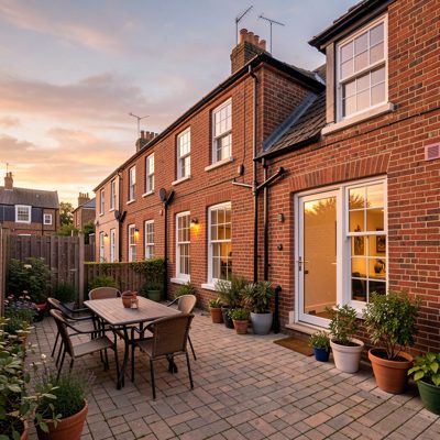 a red brick terrace of houses in evening light
