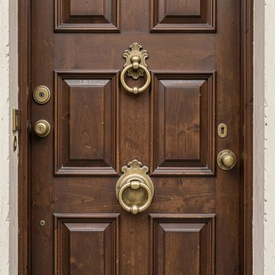 an entrance door with brass fittings and a knocker