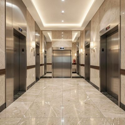 a lift lobby with polished stone floors