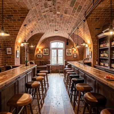 a basement bar with vaulted brick ceilings