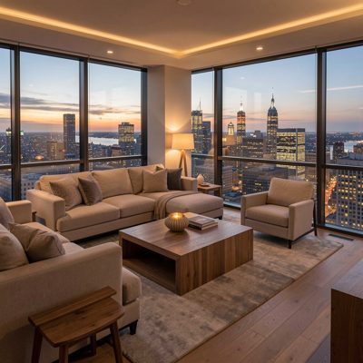 a penthouse living room at dusk with city lights