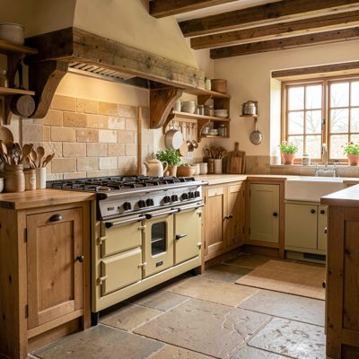 a farmhouse kitchen with a range cooker and stone floor