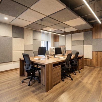 an office fit out with acoustic panels and warm timber