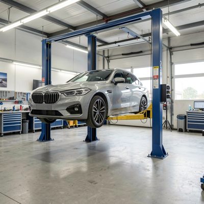 a clean car workshop with a vehicle on a lift