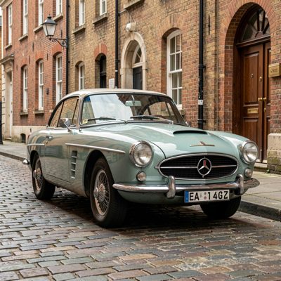 a classic car parked on a cobbled street