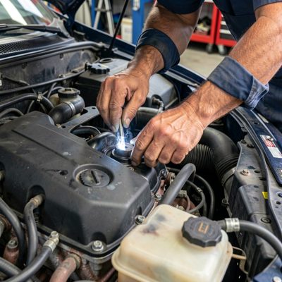 a mechanic's hands working on an engine bay