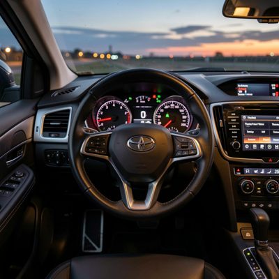 a car dashboard photographed at dusk