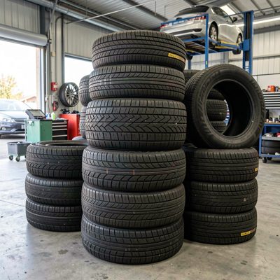 tyres stacked neatly in a service centre