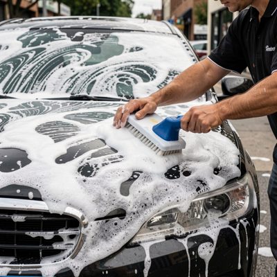 a car being valeted with foam on the bonnet