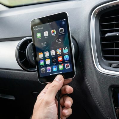 a diagnostic tablet plugged into a car port