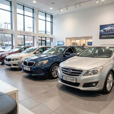 a row of cars in a dealership showroom