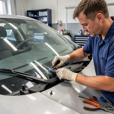 a windscreen being replaced by a technician