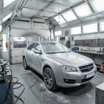 a spray booth with a car being refinished