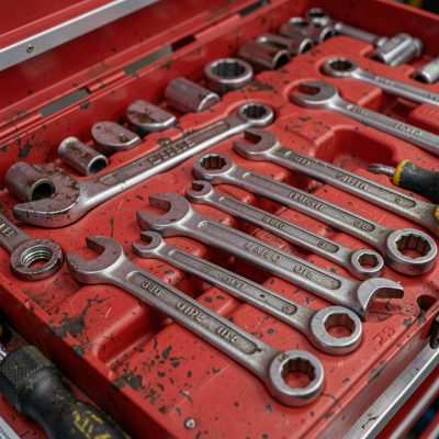 a set of spanners laid out on a red toolbox