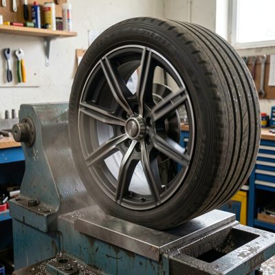 a wheel being balanced on a machine