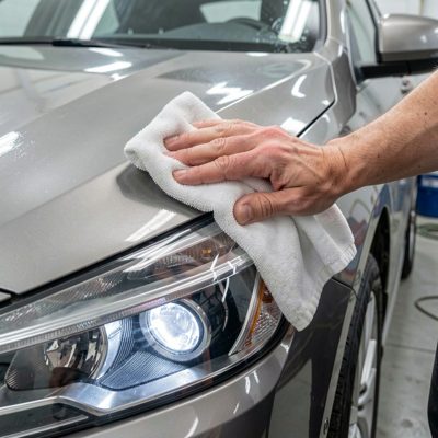 a car being polished by hand with a cloth