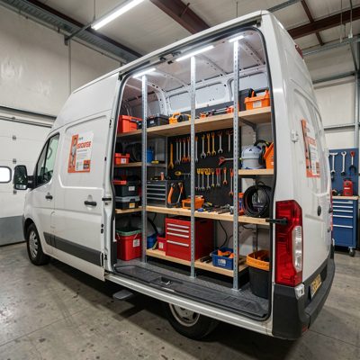 a van fitted out with racking and tools