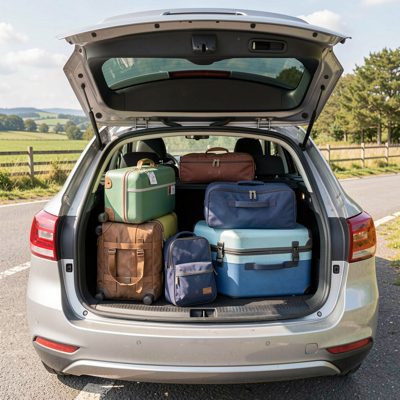 a car boot open with luggage packed in