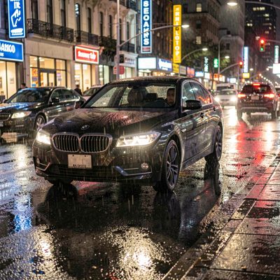a car parked on a wet street reflecting lights