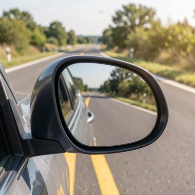 a wing mirror with a road receding behind