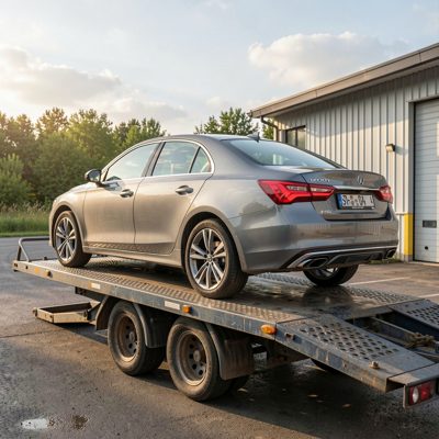 a car being loaded onto a transporter
