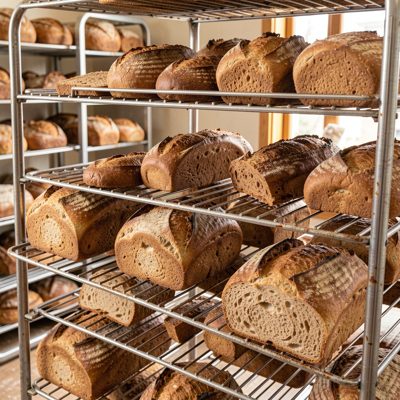 loaves cooling on wire racks in a bakery