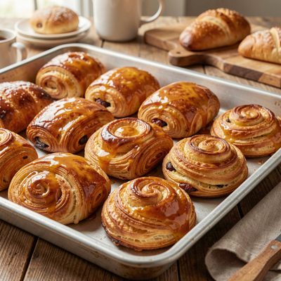 a tray of danish pastries glazed and golden