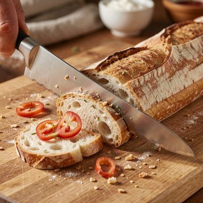 a baguette being sliced with a serrated knife