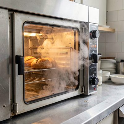 a bakery oven door opening with steam escaping