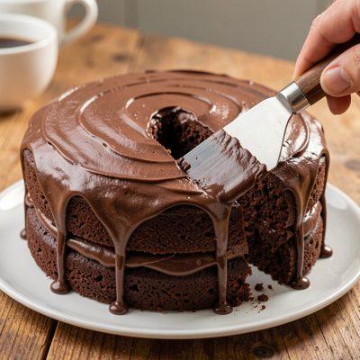 a chocolate cake being iced with a palette knife