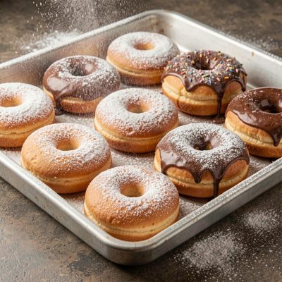 a tray of doughnuts being dusted with sugar
