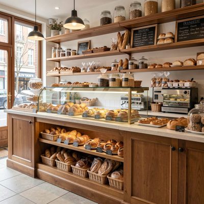 a bakery counter at opening with full shelves